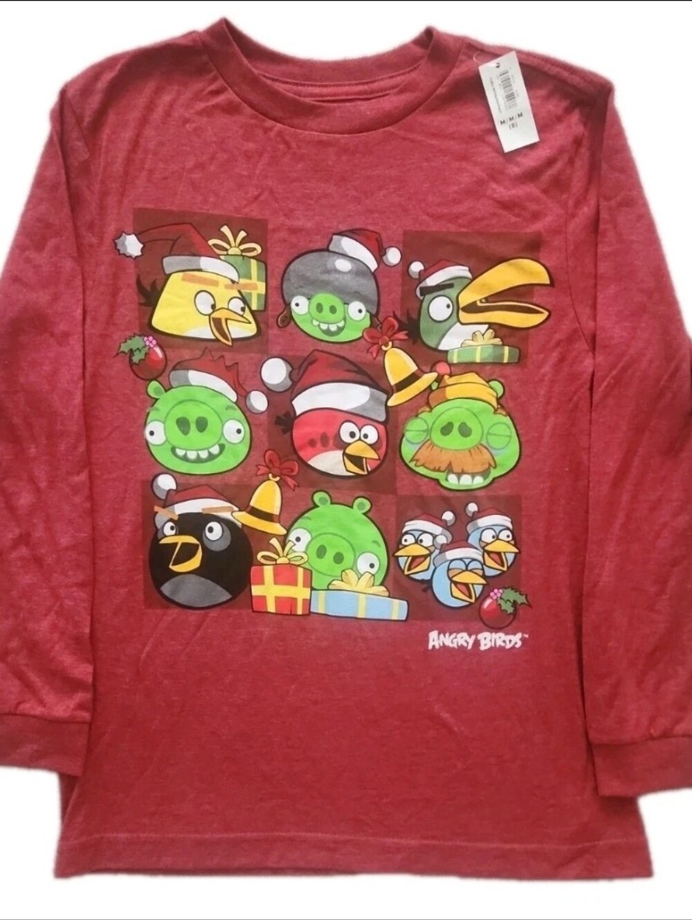 Angry Birds Christmas Holiday Kids Medium (8) L/S Heather Red T-shirt NOS